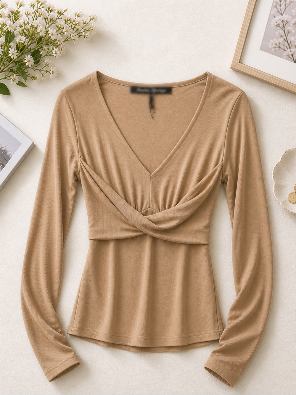 Tan Long Sleeve V-Neck Top